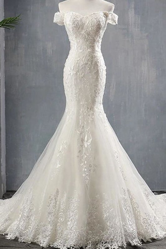 Vestidos de novia elegantes de sirena con hombros descubiertos y apliques, con cordones 