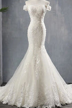 Vestidos de novia elegantes de sirena con hombros descubiertos y apliques, con cordones 
