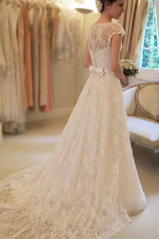 Vestido de novia con apliques, mangas cortas, encaje cuadrado y cinta