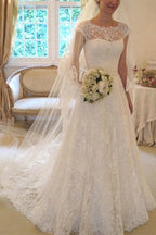 Vestido de novia con apliques, mangas cortas, encaje cuadrado y cinta