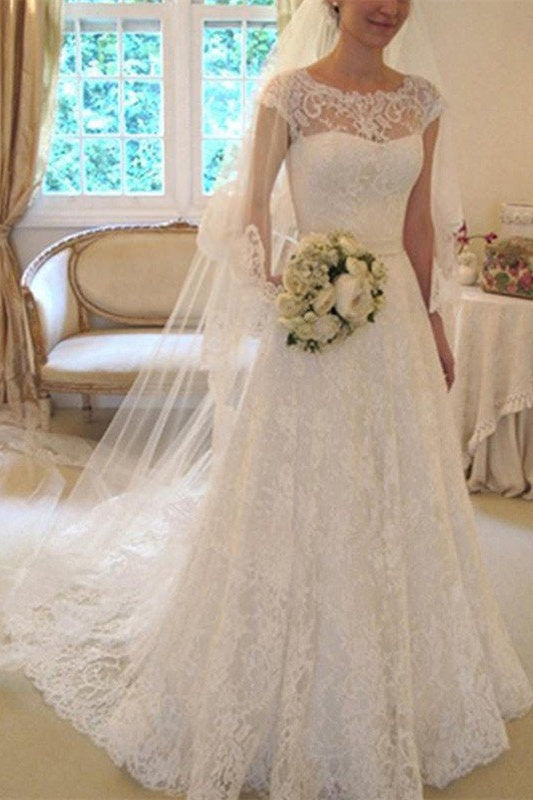 Vestido de novia con apliques, mangas cortas, encaje cuadrado y cinta