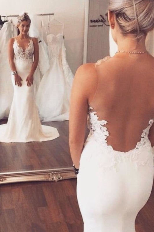 Vestidos de novia elegantes de sirena playera sin mangas con apliques 