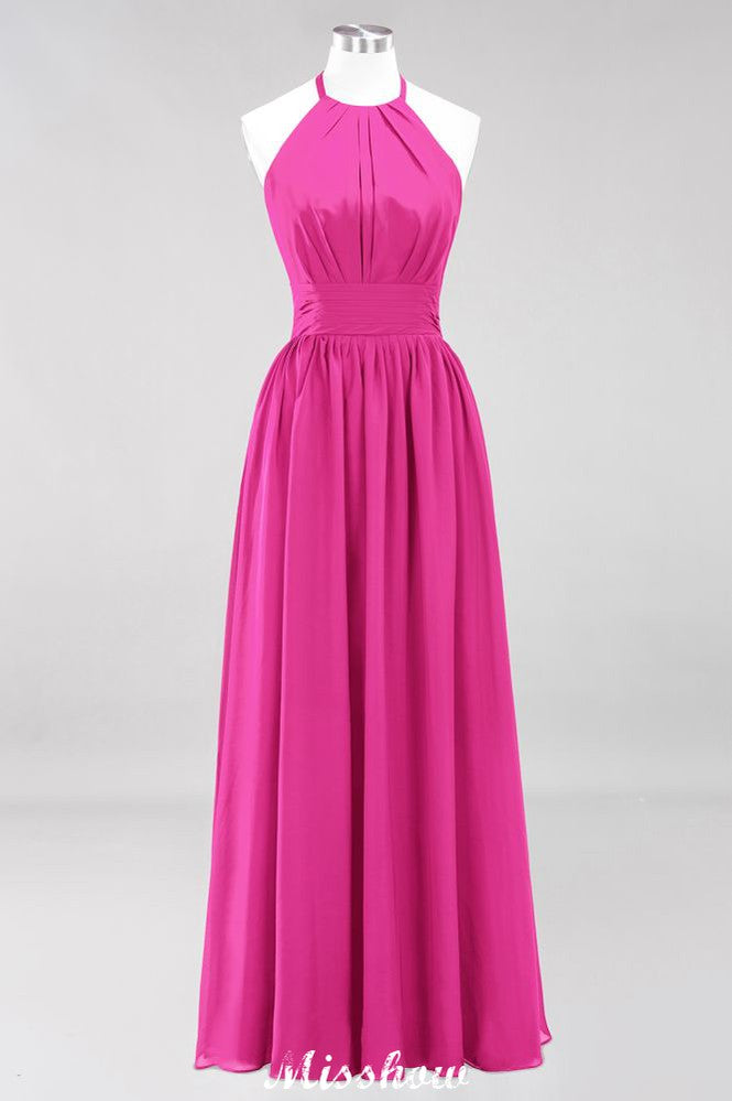 Vestido largo de noche de gasa con apliques, cuello halter, sin mangas y largo hasta el suelo, con volantes y corte en A.