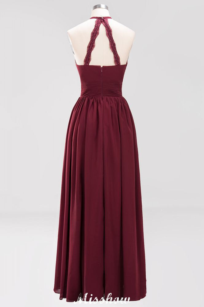 Vestido largo de noche de gasa con apliques, cuello halter, sin mangas y largo hasta el suelo, con volantes y corte en A.