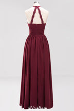 Vestido largo de noche de gasa con apliques, cuello halter, sin mangas y largo hasta el suelo, con volantes y corte en A.