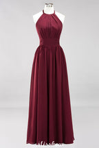 Vestido largo de noche de gasa con apliques, cuello halter, sin mangas y largo hasta el suelo, con volantes y corte en A.