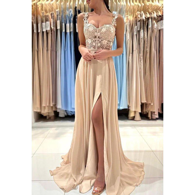 Vestido de fiesta de gasa sin mangas con tirantes, corte tubo y apliques