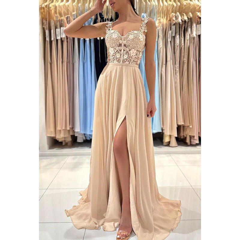 Vestido de fiesta de gasa sin mangas con tirantes, corte tubo y apliques