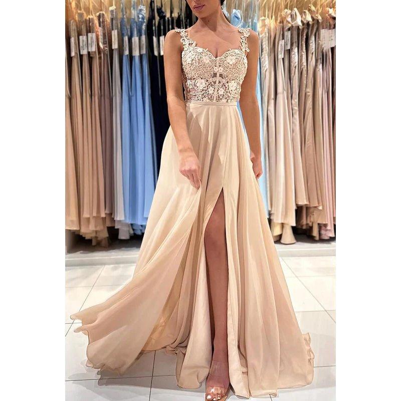 Vestido de fiesta de gasa sin mangas con tirantes, corte tubo y apliques