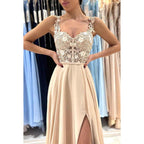 Vestido de fiesta de gasa sin mangas con tirantes, corte tubo y apliques