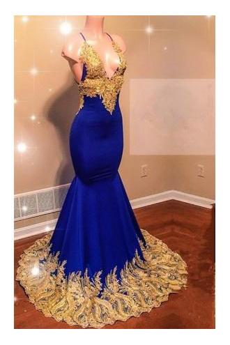 Vestidos de fiesta de sirena con escote en V, sin mangas y tirantes finos con apliques