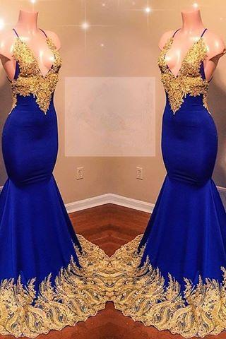 Appliques Spaghetti Sleeveless V-Neck Mermaid Prom Dresses