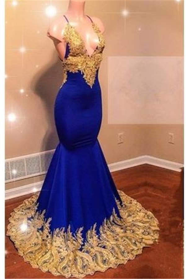 Vestidos de fiesta de sirena con escote en V, sin mangas y tirantes finos con apliques