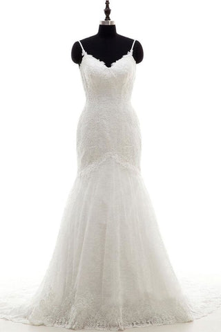 Robe de mariée sirène élégante à bretelles spaghetti et appliques 