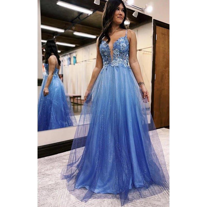 Vestido largo de noche para graduación con apliques, tirantes finos, tul con purpurina y degradado