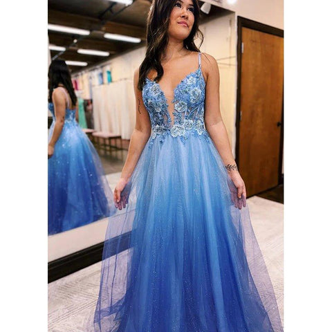 Vestido largo de noche para graduación con apliques, tirantes finos, tul con purpurina y degradado