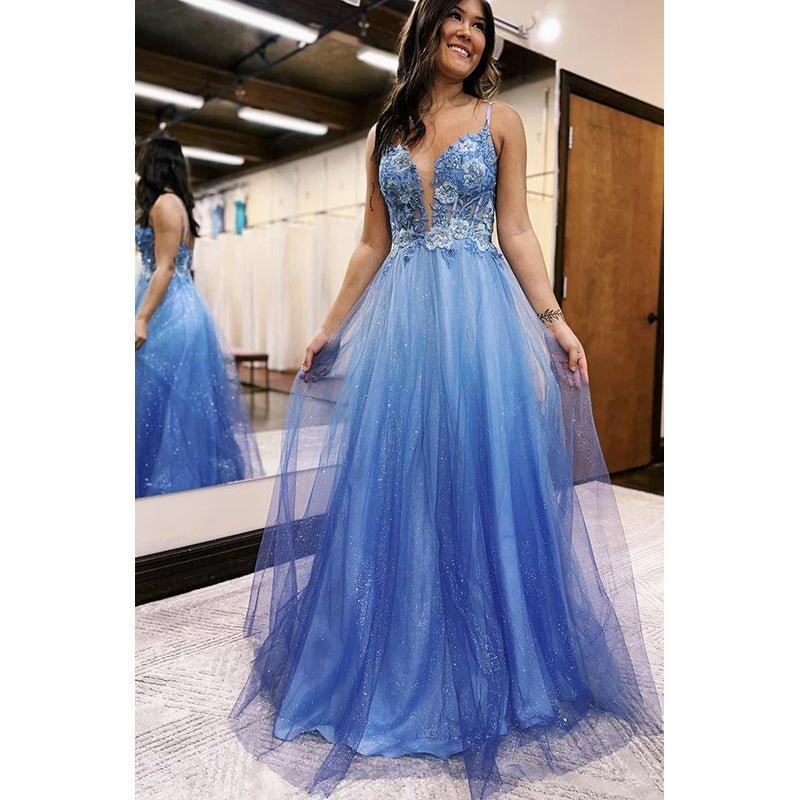 Vestido largo de noche para graduación con apliques, tirantes finos, tul con purpurina y degradado