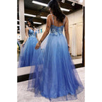 Vestido largo de noche para graduación con apliques, tirantes finos, tul con purpurina y degradado