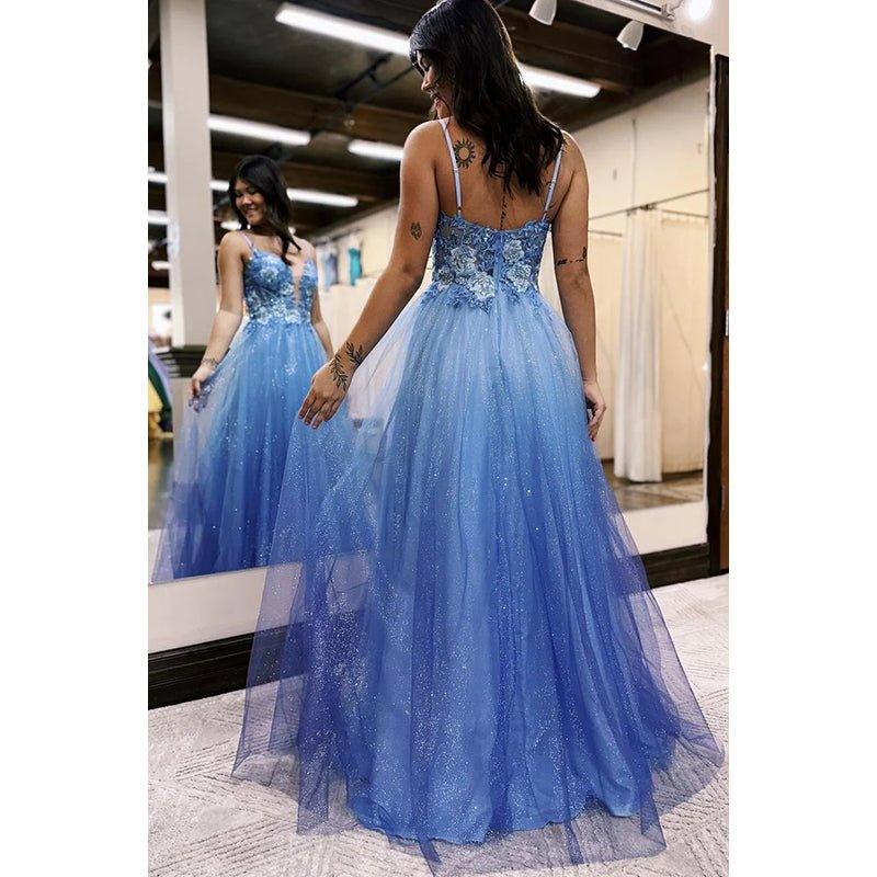 Vestido largo de noche para graduación con apliques, tirantes finos, tul con purpurina y degradado