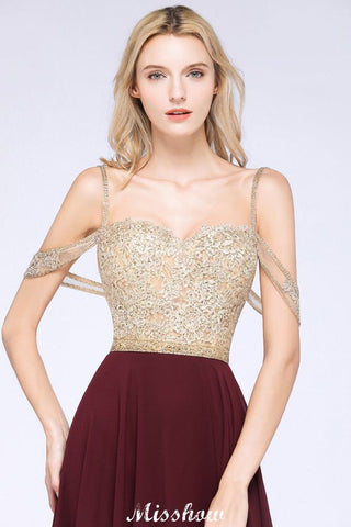 Appliques Spaghetti Straps Prom Dresses | A-Line Sleeveless Evening Dresses