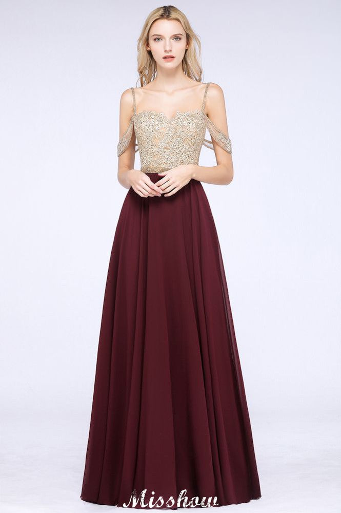 Vestidos de fiesta con apliques y tirantes finos | Vestidos de noche sin mangas de corte A