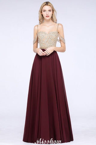 Appliques Spaghetti Straps Prom Dresses | A-Line Sleeveless Evening Dresses