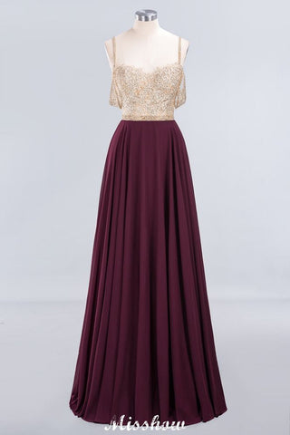 Appliques Spaghetti Straps Prom Dresses | A-Line Sleeveless Evening Dresses