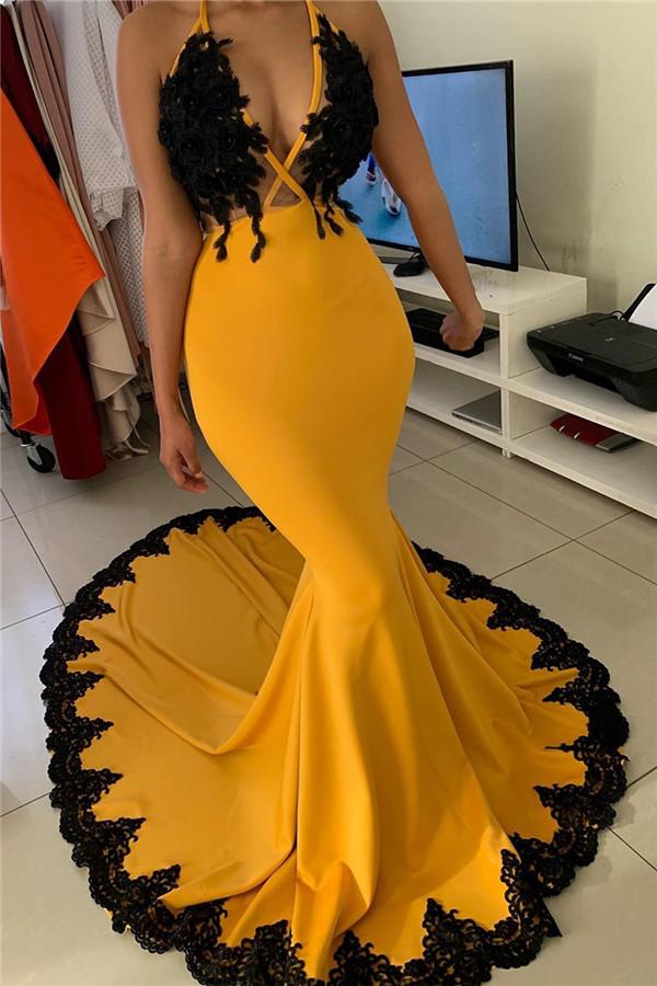 Vestidos de fiesta largos hasta el suelo estilo sirena con escote en V y apliques