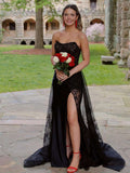 Arabelle | Vestido largo de fiesta negro sin tirantes con apliques estilo sirena y abertura