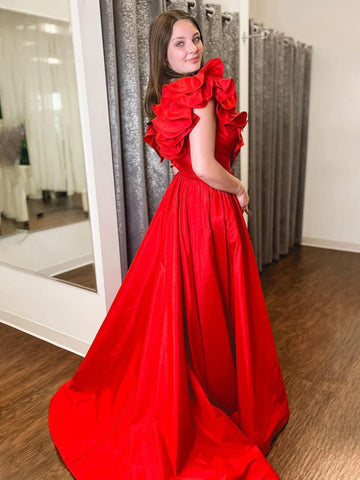 Arden | Robe de bal longue rouge à volants et col en V en satin, coupe trapèze