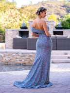 Vestido de fiesta de sirena con lentejuelas y escote asimétrico