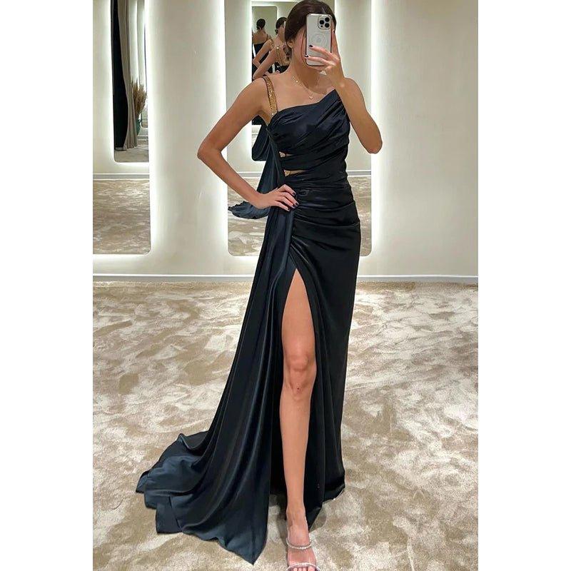 Vestido de noche largo de satén con cortes fruncidos y asimétricos para graduación