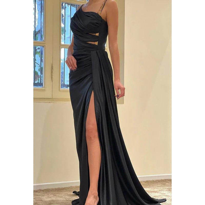 Vestido de noche largo de satén con cortes fruncidos y asimétricos para graduación