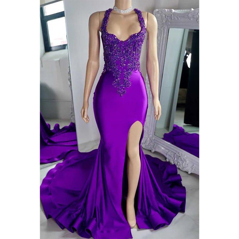 Robe de soirée asymétrique à bretelles spaghetti et appliques perlées avec fente latérale 