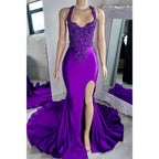Robe de soirée asymétrique à bretelles spaghetti et appliques perlées avec fente latérale 
