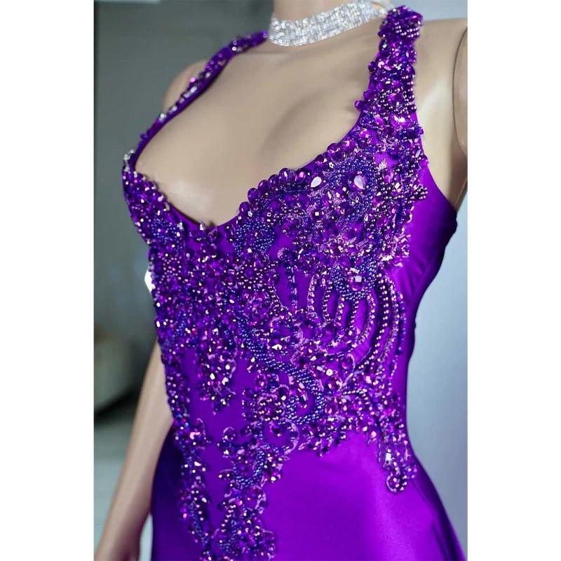 Robe de soirée asymétrique à bretelles spaghetti et appliques perlées avec fente latérale 