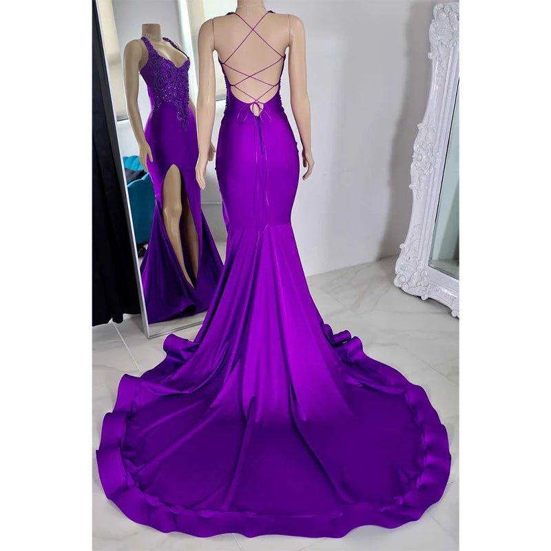 Robe de soirée asymétrique à bretelles spaghetti et appliques perlées avec fente latérale 