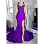 Robe de soirée asymétrique à bretelles spaghetti et appliques perlées avec fente latérale 