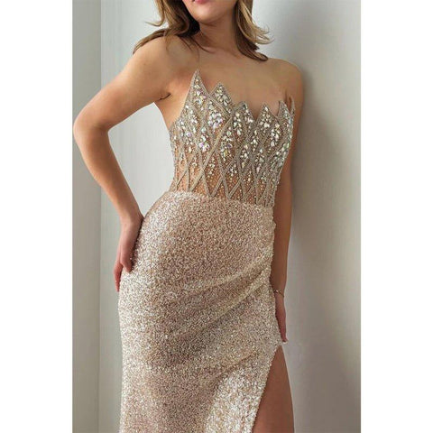 Vestido de noche asimétrico sin tirantes, con cuentas y purpurina, ajustado y con cola para fiesta de graduación 