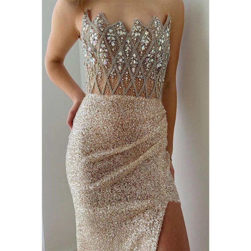 Vestido de noche asimétrico sin tirantes, con cuentas y purpurina, ajustado y con cola para fiesta de graduación 
