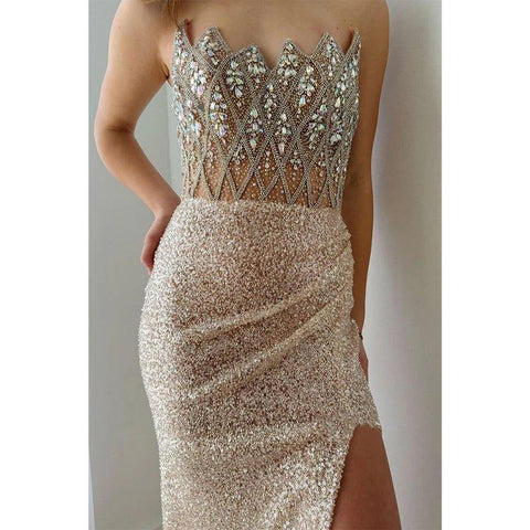 Vestido de noche asimétrico sin tirantes, con cuentas y purpurina, ajustado y con cola para fiesta de graduación 