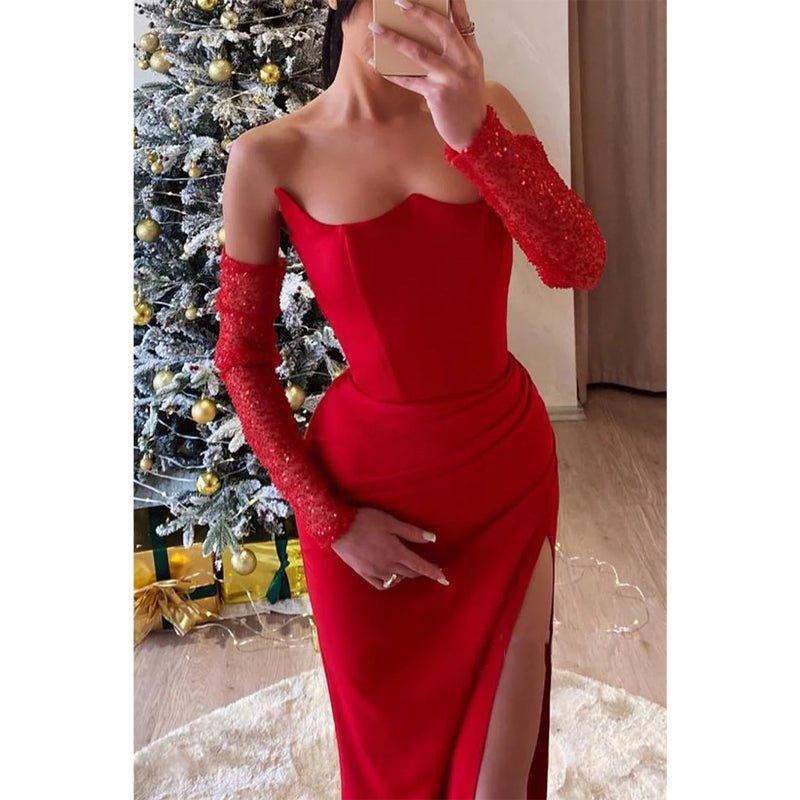 Robe de soirée asymétrique sans bretelles à plis empire avec fente latérale 