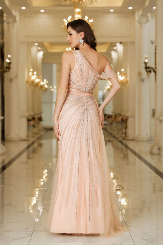 Vestido de graduación asimétrico de tul con cuentas, abertura lateral, sin mangas, largo hasta el suelo, ideal para ocasiones especiales.