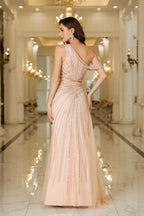 Vestido de graduación asimétrico de tul con cuentas, abertura lateral, sin mangas, largo hasta el suelo, ideal para ocasiones especiales.