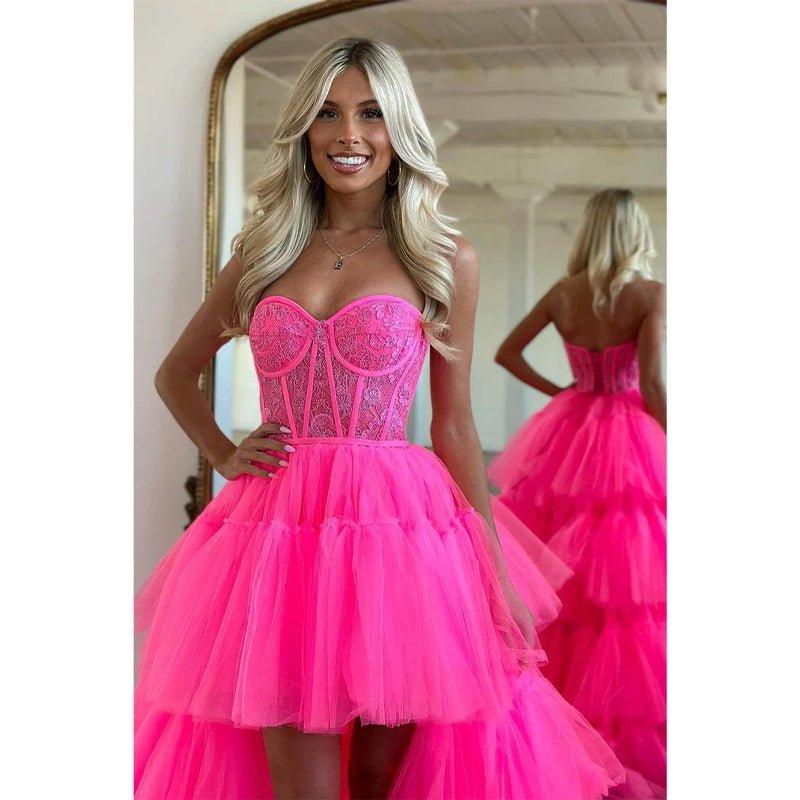 Vestido de fiesta largo asimétrico de tul rosa con escote en forma de corazón 