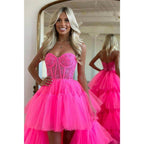 Vestido de fiesta largo asimétrico de tul rosa con escote en forma de corazón 