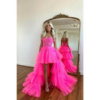 Vestido de fiesta largo asimétrico de tul rosa con escote en forma de corazón 