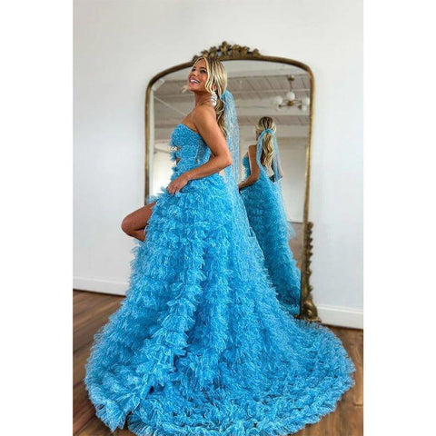 Attractive A-line Ball Gown Strapless Tulle Prom Dress with Slit Evening Gowns