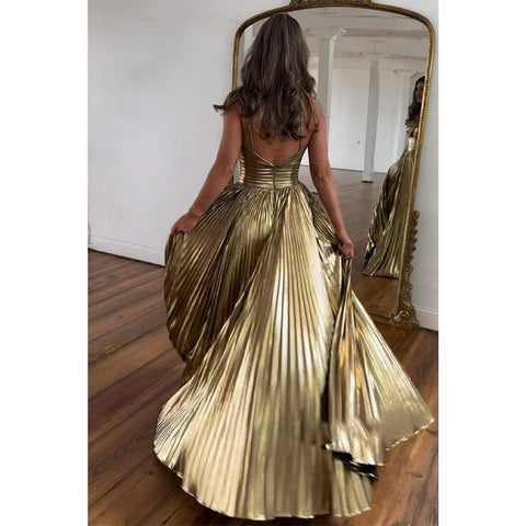 Robe de soirée longue et élégante à bretelles spaghetti et coupe trapèze