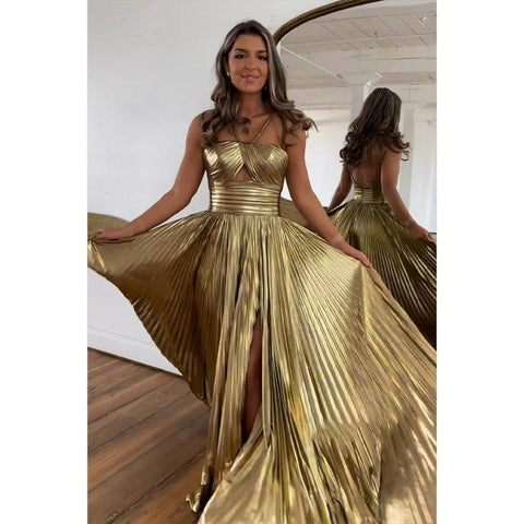 Robe de soirée longue et élégante à bretelles spaghetti et coupe trapèze